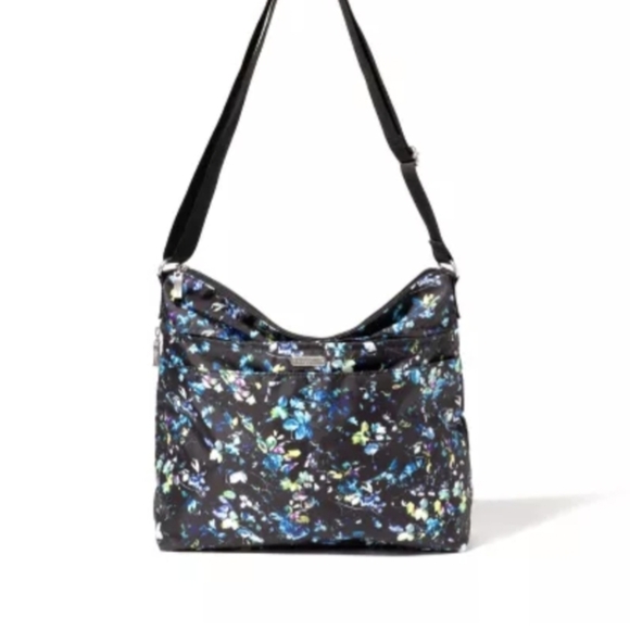 NWT Baggallini Black and Blue Floral Shoulder Bag - Picture 1 of 10